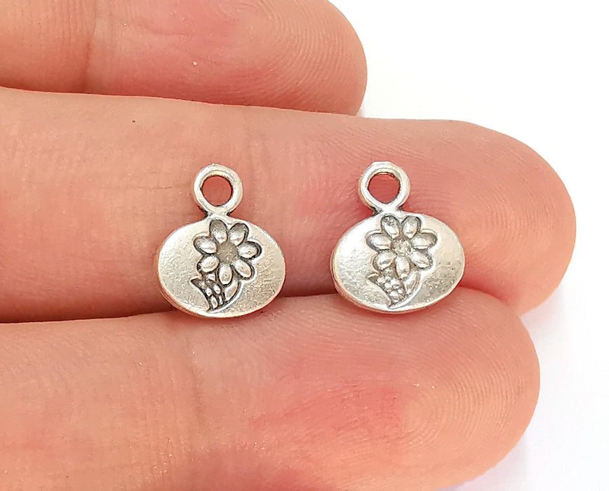 10 Flower Charms (Double Sided) Antique Silver Plated Charms (12x11mm) G22407