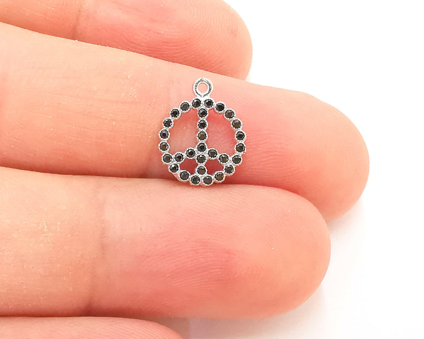 Sterling Silver Peace Charms with Black Stones 925 Silver Charms (13x11mm) AG21792