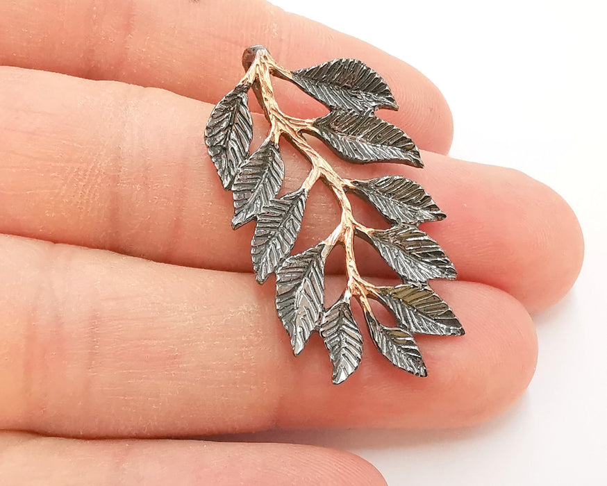 Sterling Silver Leafy Branch Pendant Oxidized Plated Silver and Rose Gold Plated Pendant ,925 Silver Pendant (40x22mm) AG21804