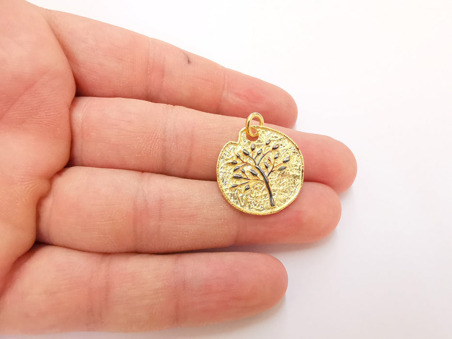 Sterling Silver Tree Pendant , Oxidized Silver Tree on Gold Plated Circle , 925 Silver Charms (24mm) AG21809