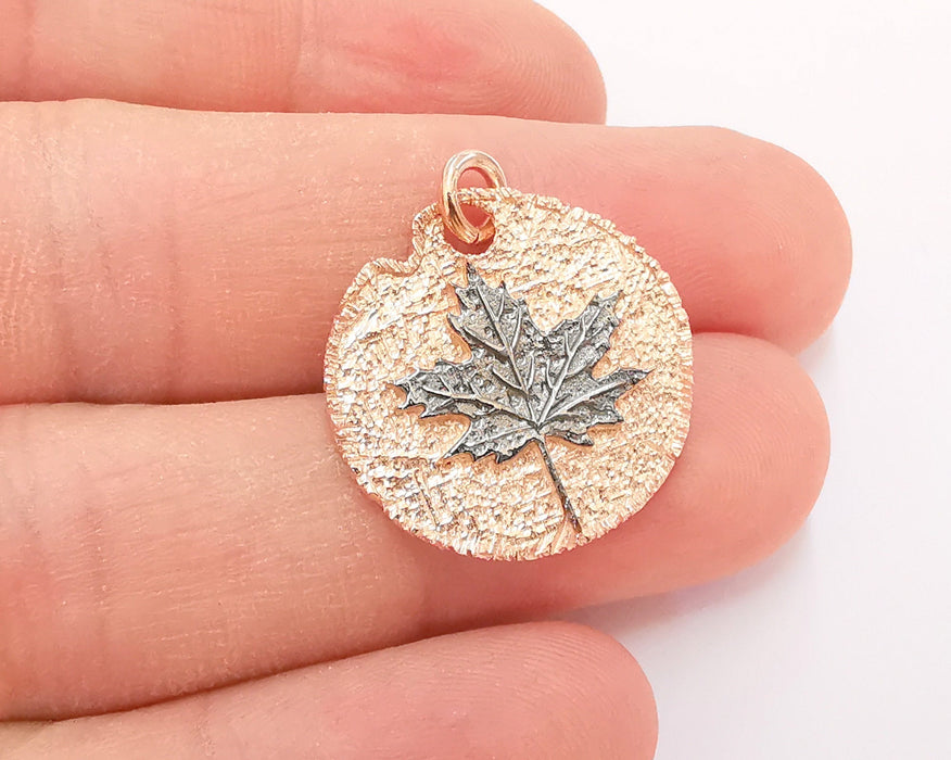 Rose Gold Sterling Silver Laple Leaf Pendant Oxidized Silver Maple Leaf with Rose Gold Roun base , 925 Silver Pendant (24mm) AG21811