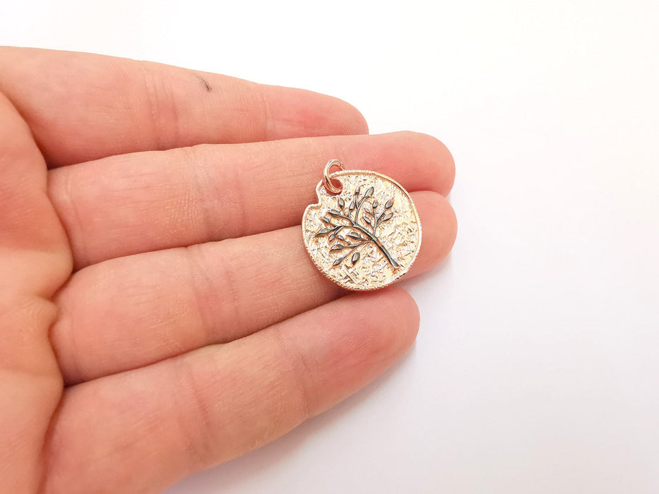 Rose Gold Sterling Silver Laple Leaf Pendant Oxidized Silver Tree with Rose Gold Roun base , 925 Silver Pendant (24mm) AG21814