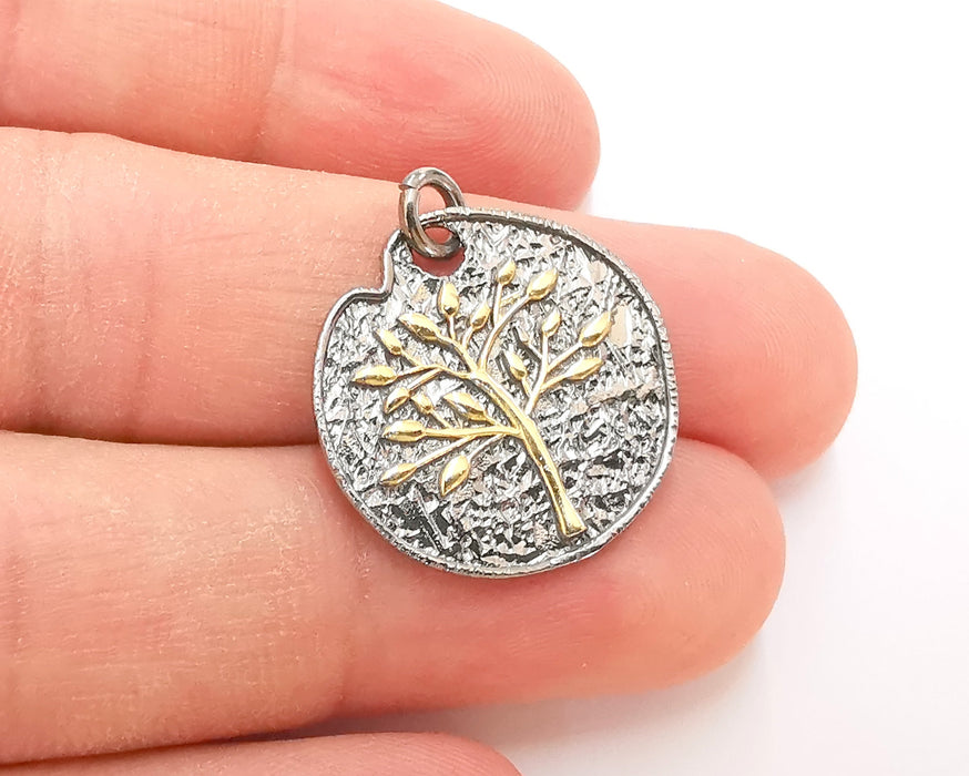 Sterling Silver Tree Pendant, Gold Tree on Oxidized Silver base , 925 Silver Pendant (24mm) AG21817