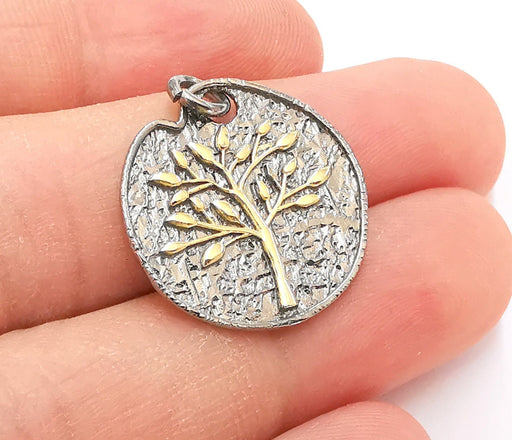 Sterling Silver Tree Pendant, Gold Tree on Oxidized Silver base , 925 Silver Pendant (24mm) AG21817