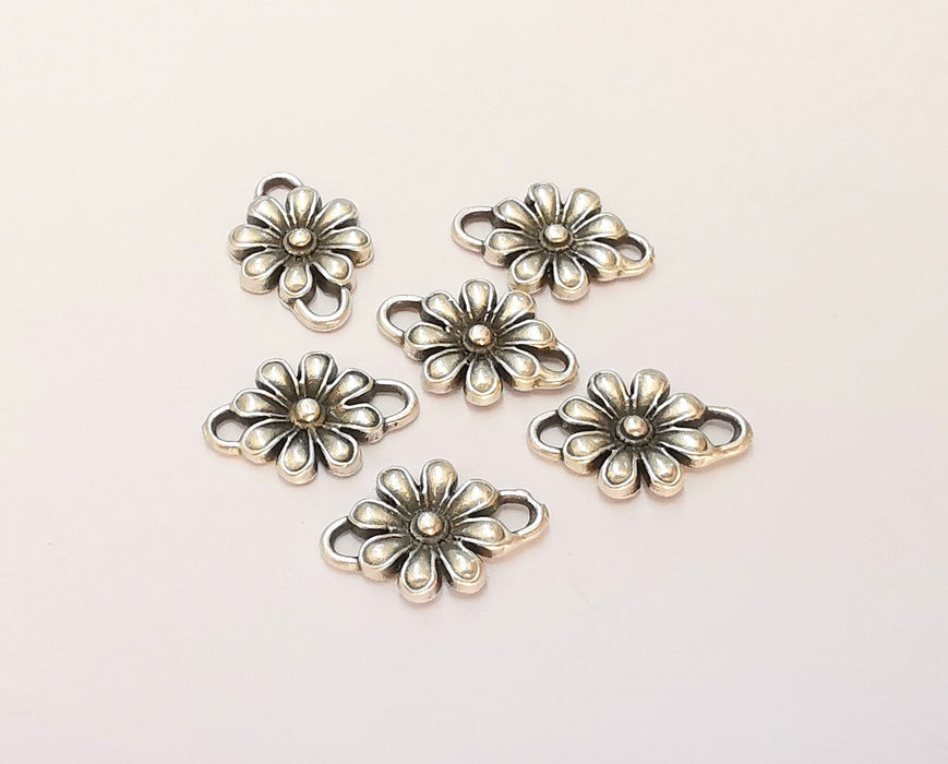 10 Flower Charms Connector Antique Silver Plated Charms (14x9mm)  G22411