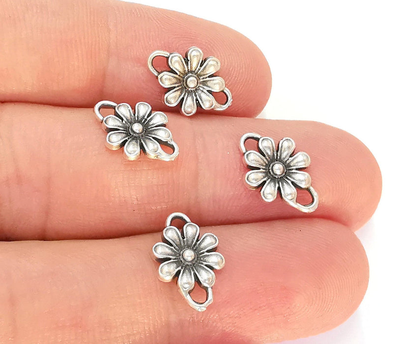 10 Flower Charms Connector Antique Silver Plated Charms (14x9mm)  G22411