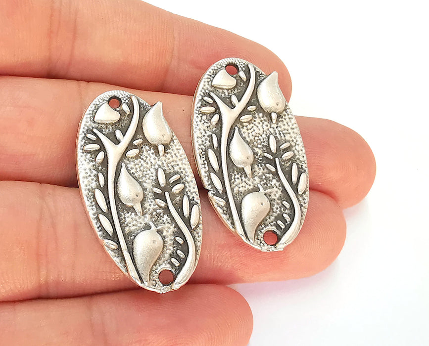 2 Flower Charms Connector Antique Silver Plated Charms (36x20mm)  G27141