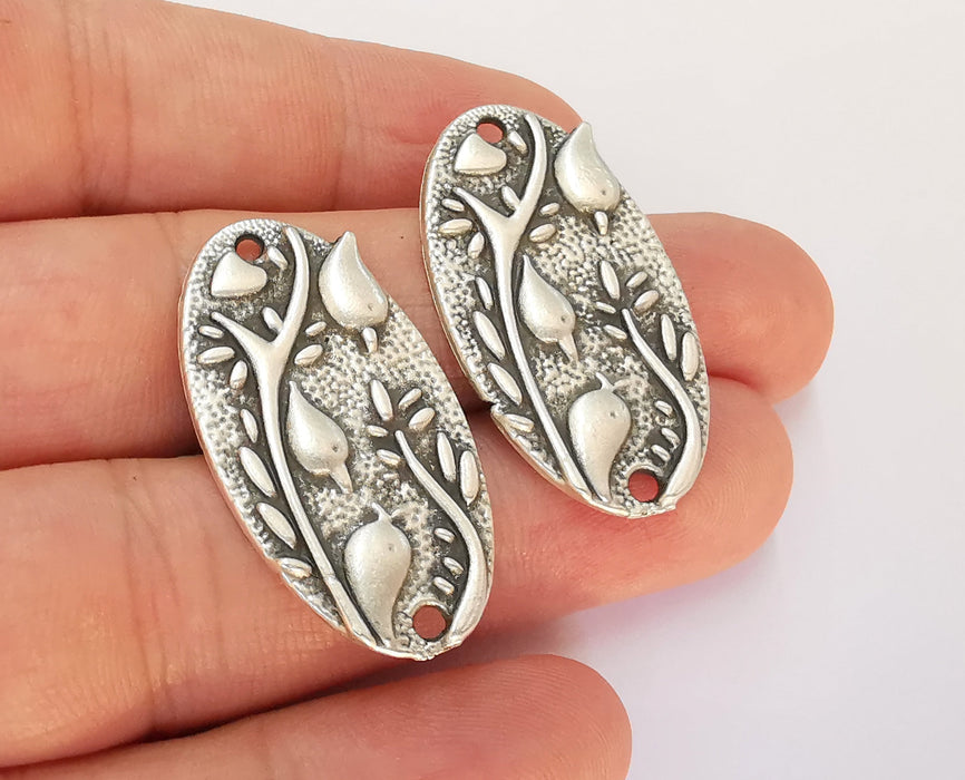 2 Flower Charms Connector Antique Silver Plated Charms (36x20mm)  G27141