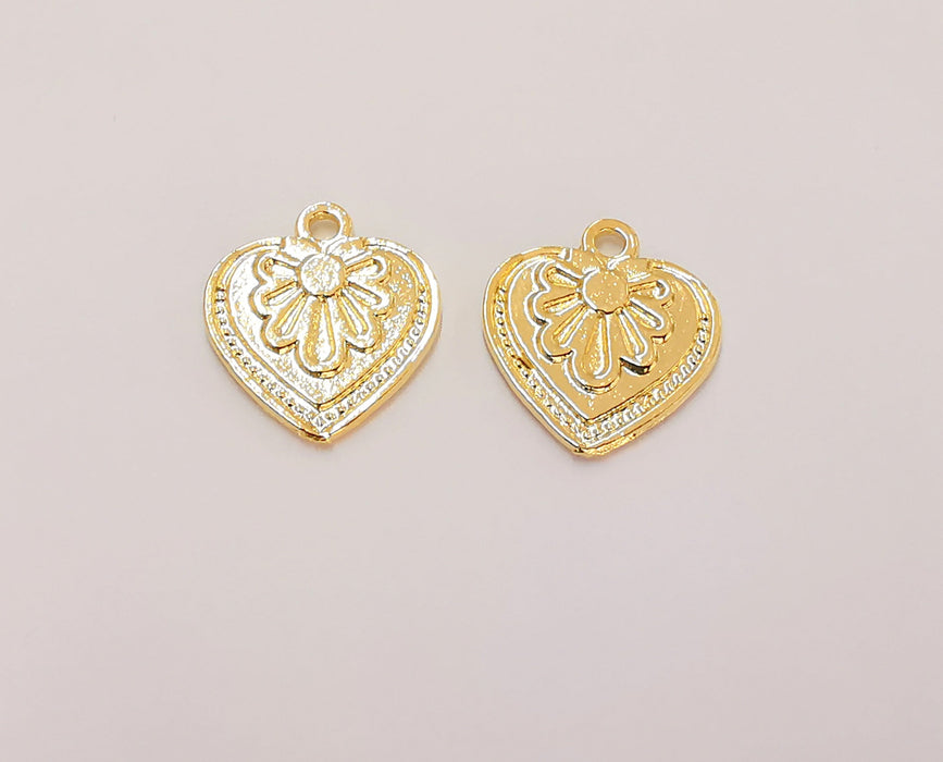 2 Heart Flower (Double Sided) Charms 24K Shiny Gold Plated Charms (19x18mm)  G22420