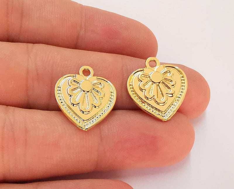 2 Heart Flower (Double Sided) Charms 24K Shiny Gold Plated Charms (19x18mm)  G22420