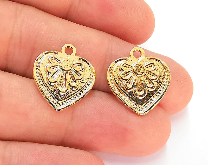 2 Heart Flower (Double Sided) Charms 24K Shiny Gold Plated Charms (19x18mm)  G22420
