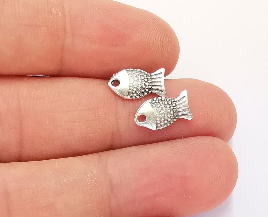 20 Fish Charms Double Sided Antique Silver Plated Charms (12x7mm)  G21826