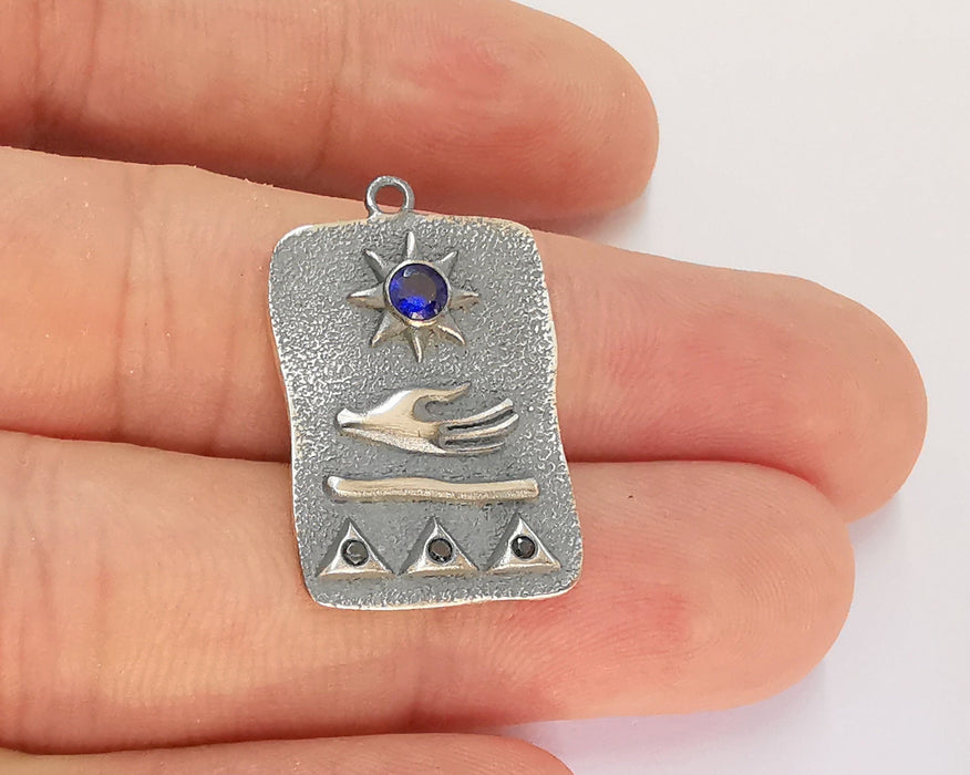 Sterling Silver Pendant 925 Oxidized Silver Pendant with Navy Blue Zircon Stone , Charms (28x18mm) AG21842