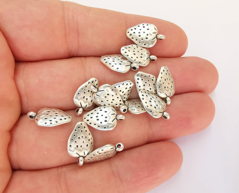 10 Strawberry Charms Double Sided Antique Silver Plated Charms (14x9mm)  G21860