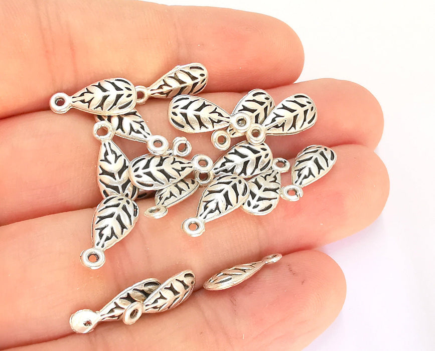 10 Leaf Charms Teardrop Leaf Charms Double Sided Antique Silver Plated Charms (15x7mm)  G21942