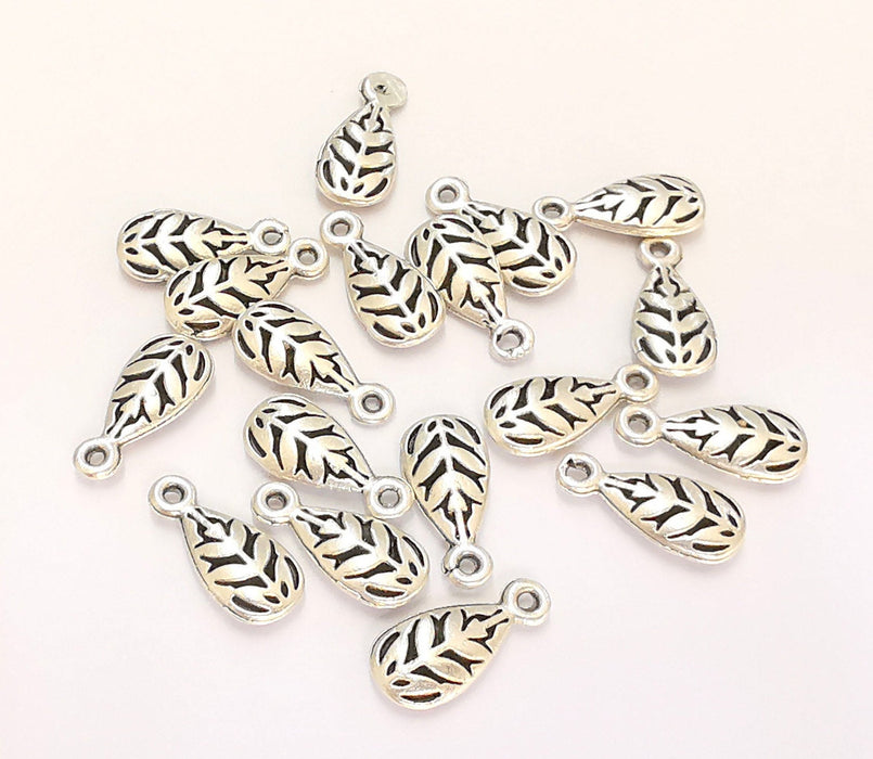 10 Leaf Charms Teardrop Leaf Charms Double Sided Antique Silver Plated Charms (15x7mm)  G21942