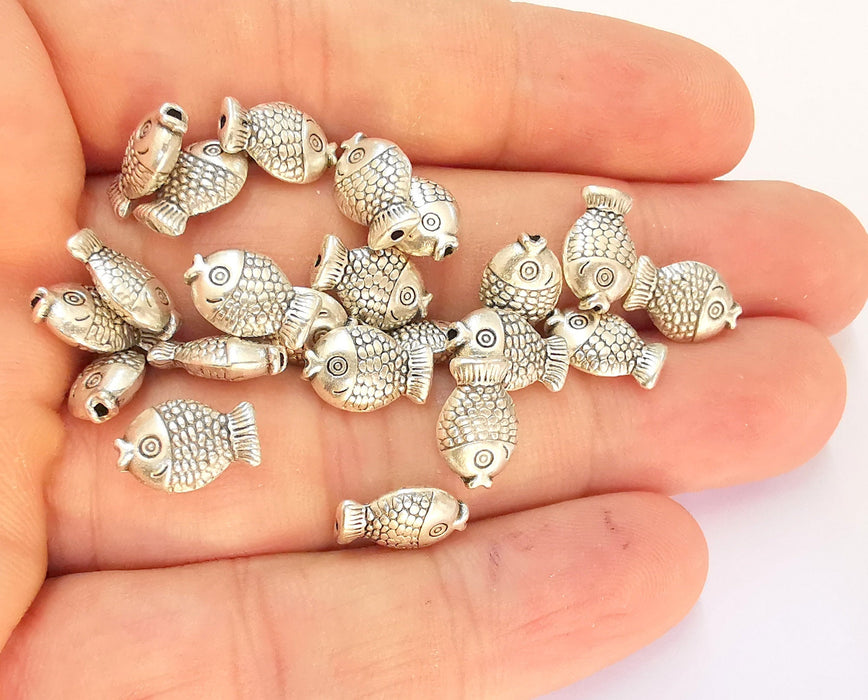 10 Fish Charms Double Sided Antique Silver Plated Charms (12x8mm)  G21953