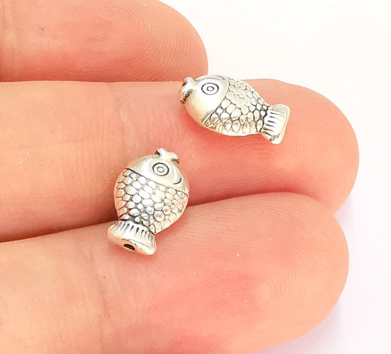 10 Fish Charms Double Sided Antique Silver Plated Charms (12x8mm)  G21953