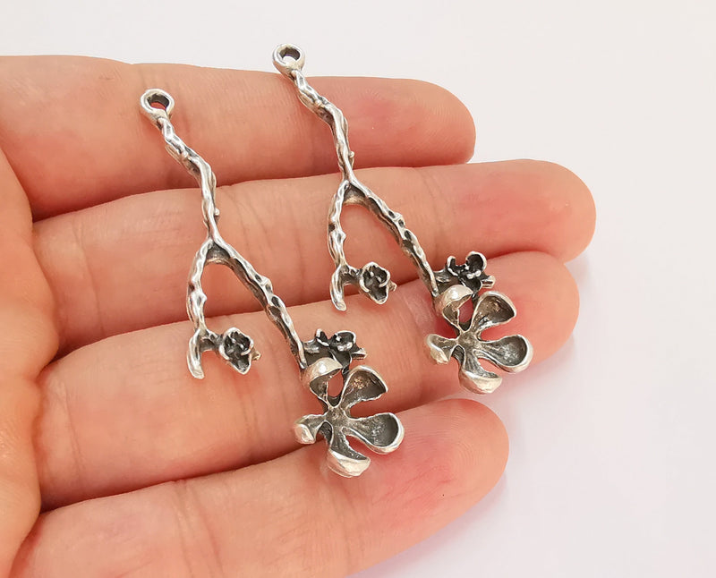 2 Flowers Charms Antique Silver Plated Charms (60x22mm)  G22438