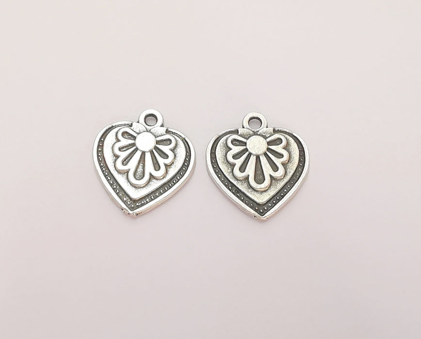 5 Heart Flower Charms Antique Silver Plated Charms (19x17mm)  G22440