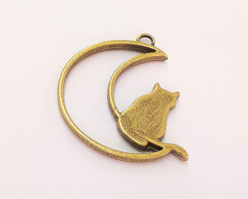 2 Crescent Moon Cat Charms Antique Bronze Plated Charms (41mm)  G22458