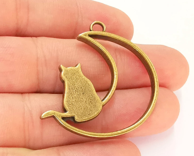 2 Crescent Moon Cat Charms Antique Bronze Plated Charms (41mm)  G22458