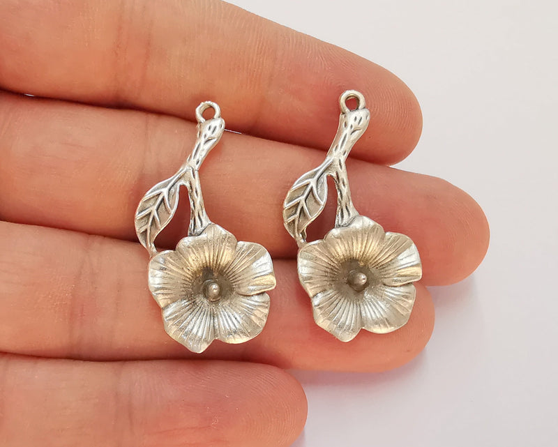 2 Flower Charms Antique Silver Plated Charms (37x18mm)  G22461