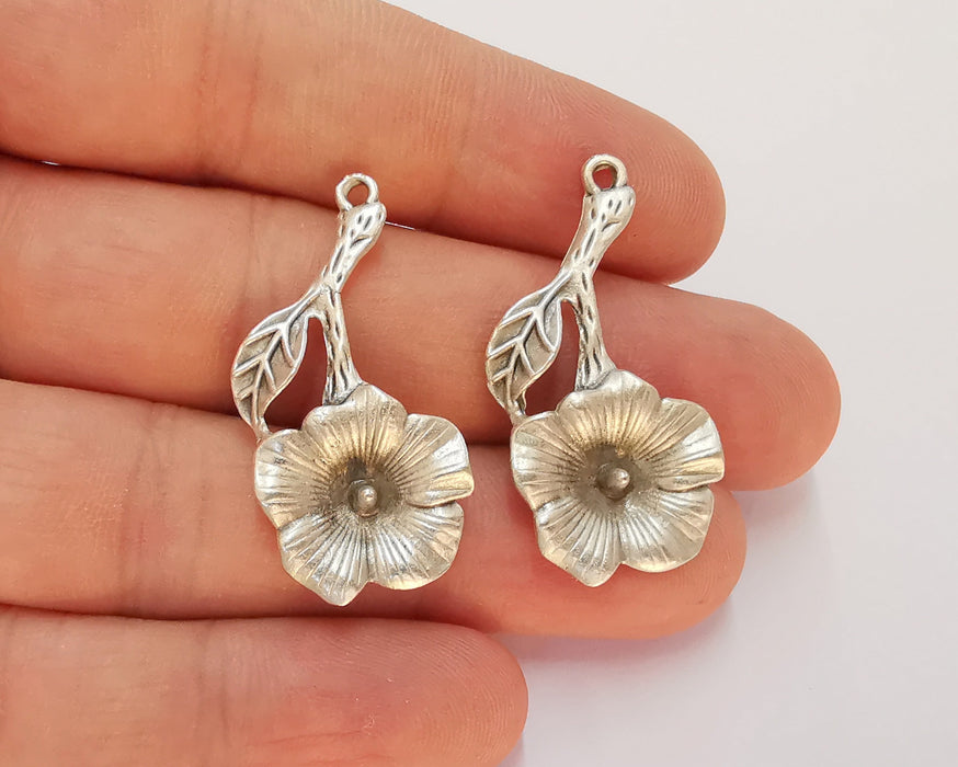 2 Flower Charms Antique Silver Plated Charms (37x18mm)  G22461