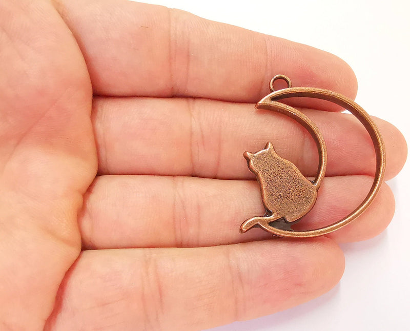 2 Crescent Moon Cat Charms Antique Copper Plated Charms (41mm)  G22485