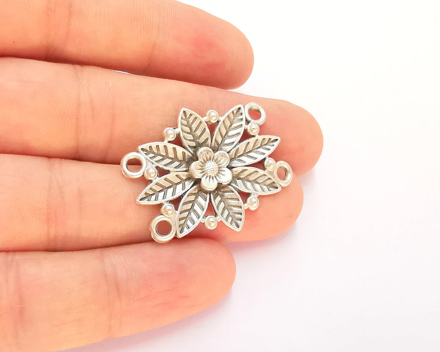 4 Silver Flower Connector Charms Antique Silver Plated Charms (34x27mm) G25696