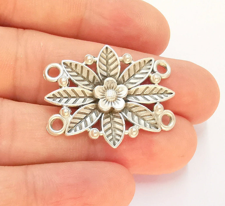 4 Silver Flower Connector Charms Antique Silver Plated Charms (34x27mm) G25696