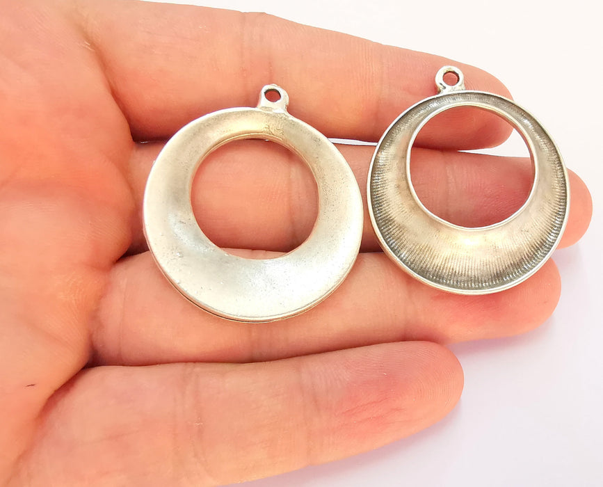 2 Antique Silver Plated Circle Charms (40x35mm)  G22496