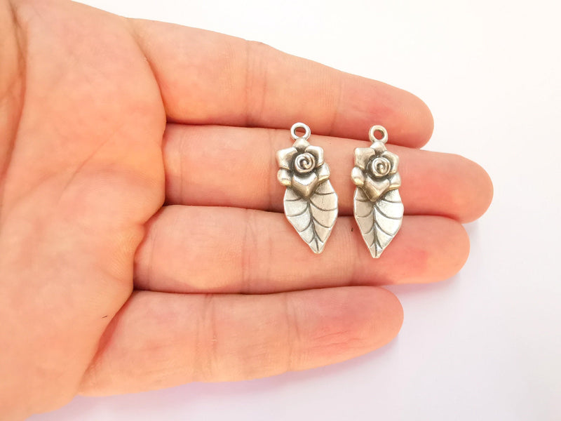 4 Flower Leaf Charms Antique Silver Plated Charms (31x14mm) G22498