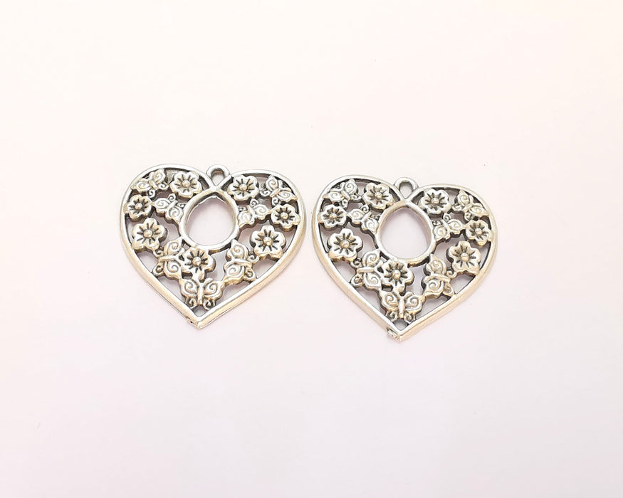 2 Flower Heart Charms Antique Silver Plated Charms (31x30mm) G22499