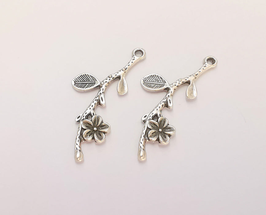 4 Flower Branch Charms Antique Silver Plated Charms (40x16mm) G22505