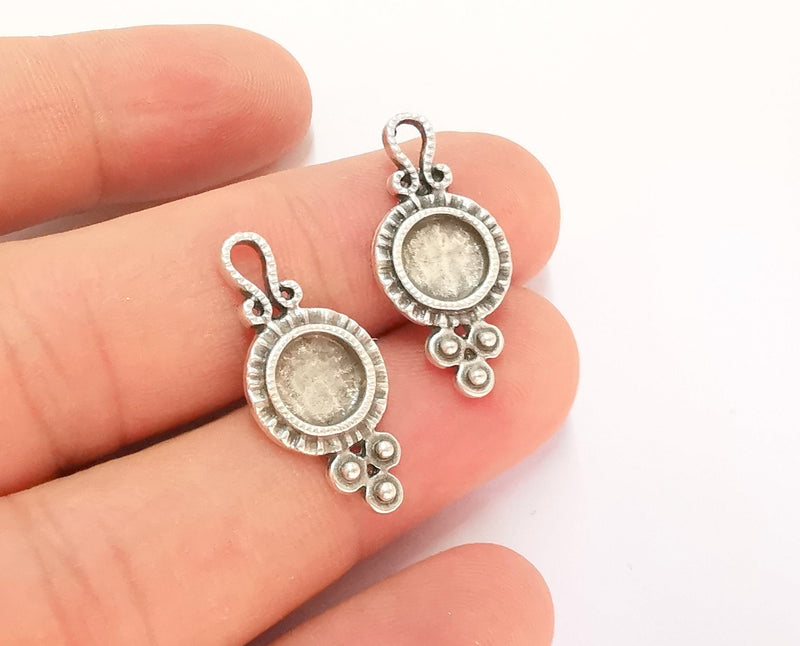 10 Silver Charms Blank Bezel Resin Bezel Mosaic Mountings Antique Silver Plated Charms (27x12mm)( 8 mm Bezel Inner Size)  G22081