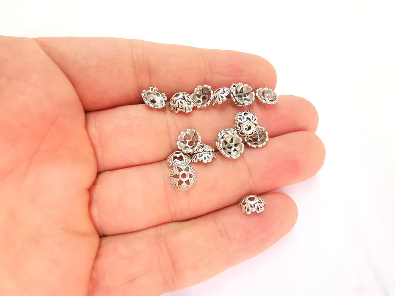 20 Silver Bead Caps Antique Silver Plated Bead Caps , Findings  (8 mm)  G22082