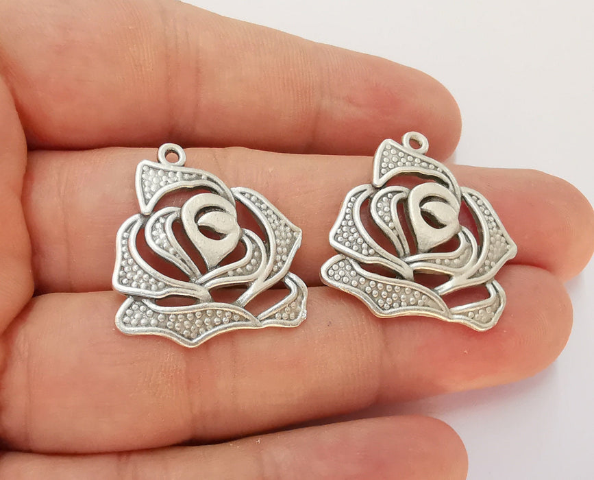 4 Rose Charms Antique Silver Plated Charms (26x25mm) G22509