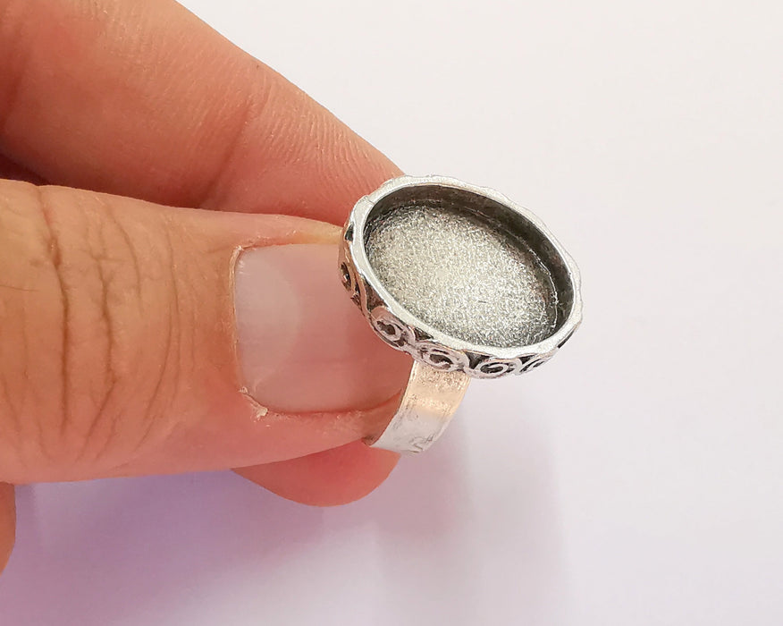 Ring Blank Setting Textured Ring Base Bezel inlay Ring Backs Glass Cabochon Mounting Adjustable Antique Silver Plated (18x15mm blank) G22088