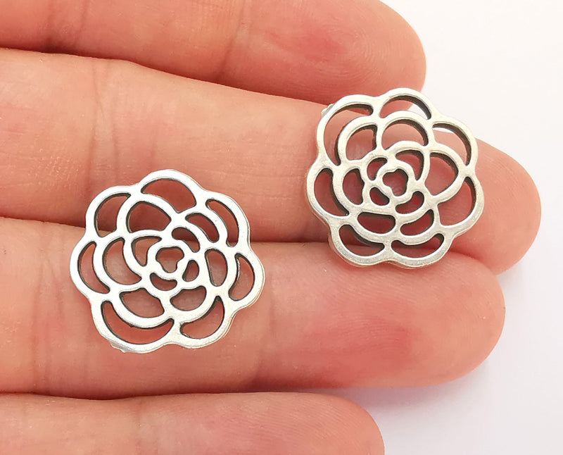 5 Rose Charm Silver Charms Antique Silver Plated Metal (21mm) G22119