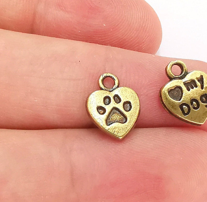 10 Heart Charms , My Dog Charms Double Sided Antique Bronze Plated Charms (12x9mm) G22134