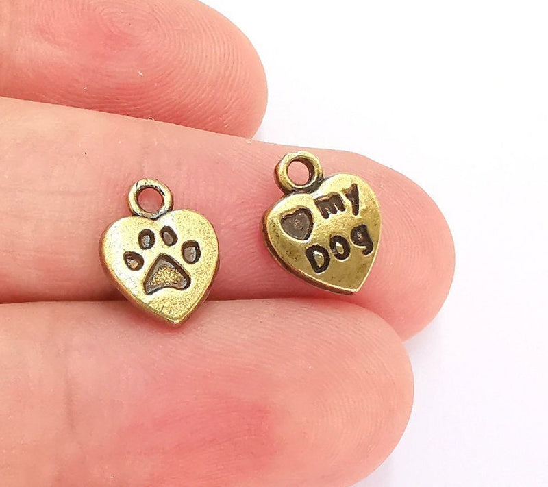 10 Heart Charms , My Dog Charms Double Sided Antique Bronze Plated Charms (12x9mm) G22134