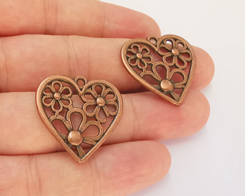 2 Hearts Flower Charms Antique Copper Plated Charms (28x28mm)  G22529