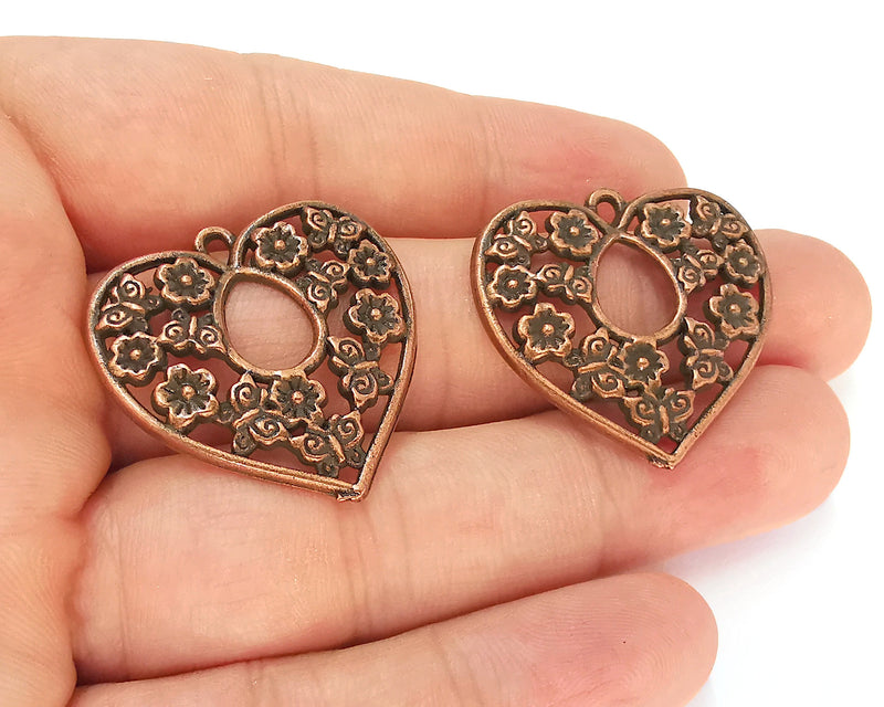 2 Hearts Flower Charms Antique Copper Plated Charms (31x30mm)  G22531