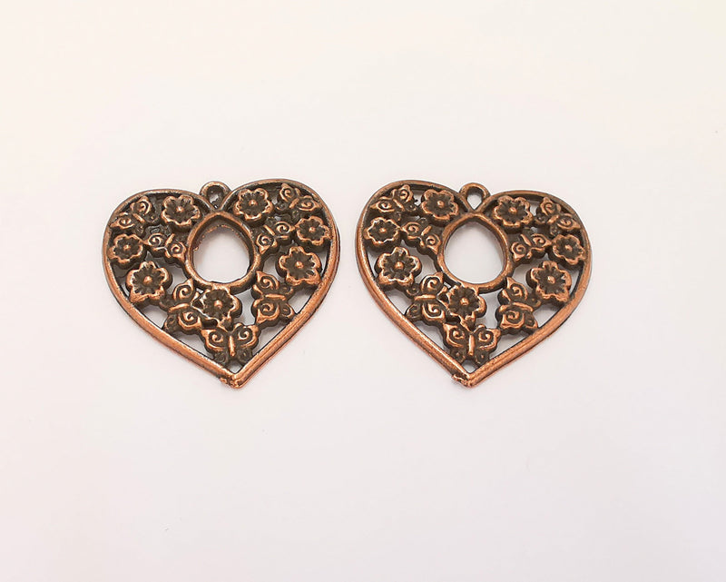2 Hearts Flower Charms Antique Copper Plated Charms (31x30mm)  G22531