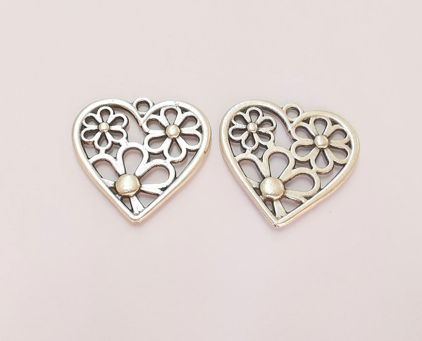 2 Heart Flower Charms Antique Silver Plated Charms (28x28mm)  G28581