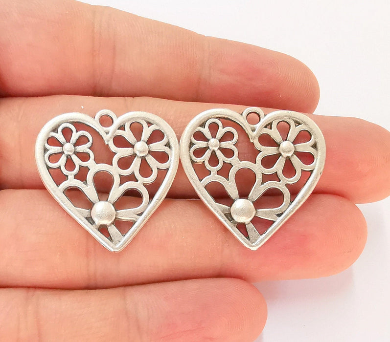 2 Heart Flower Charms Antique Silver Plated Charms (28x28mm)  G28581