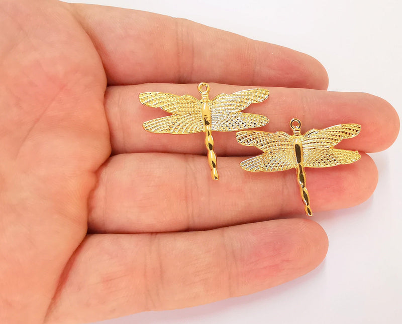2 Dragonfly Charms 24k Shiny Gold Charms (34x26mm)  G22582
