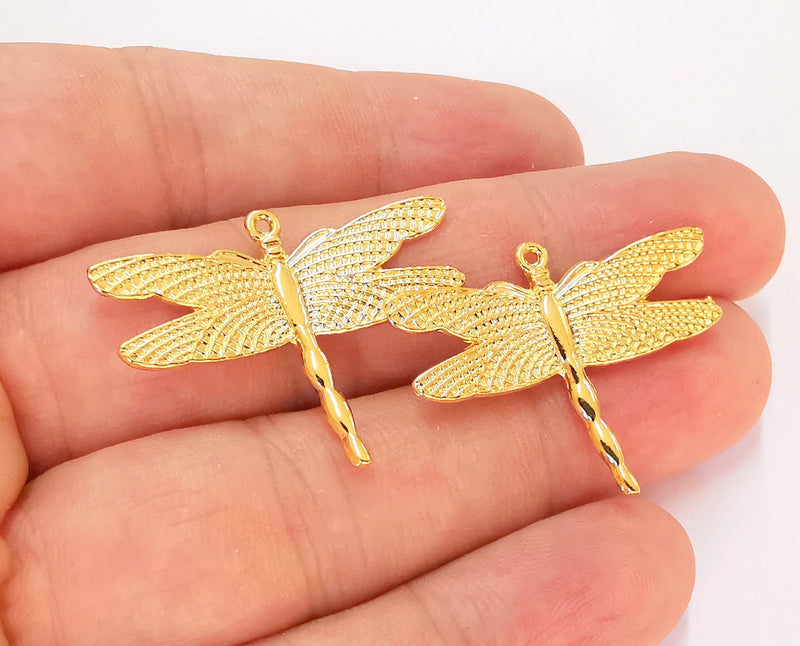 2 Dragonfly Charms 24k Shiny Gold Charms (34x26mm)  G22582