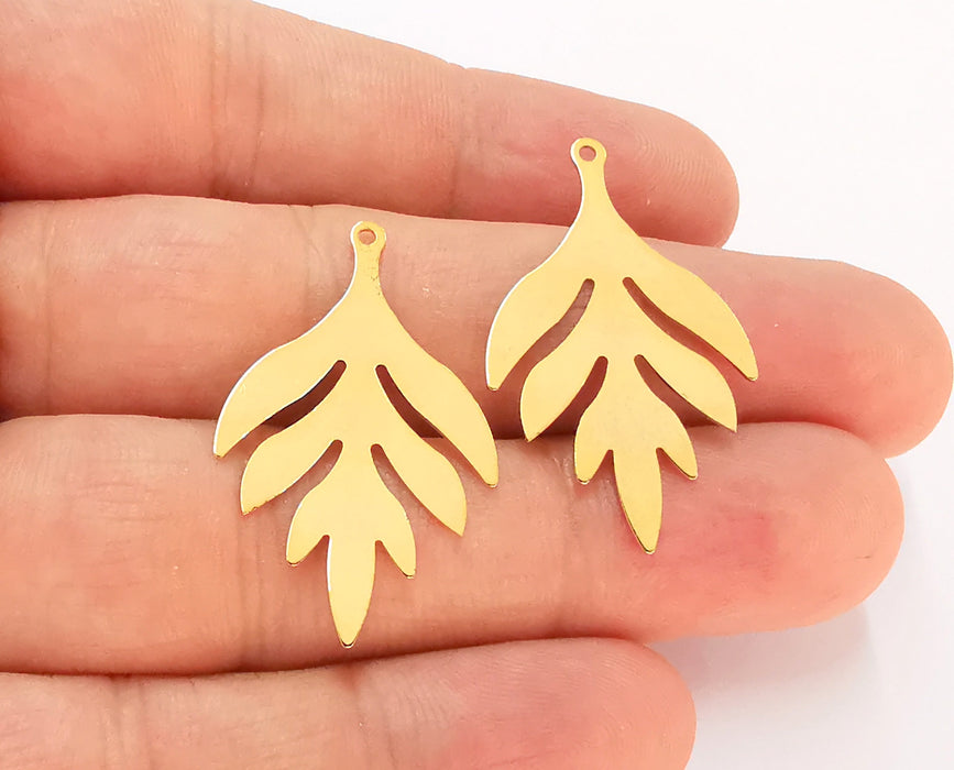 2 Leaf Charms 24k Shiny Gold Plated Brass Charms (36x22mm)  G22583